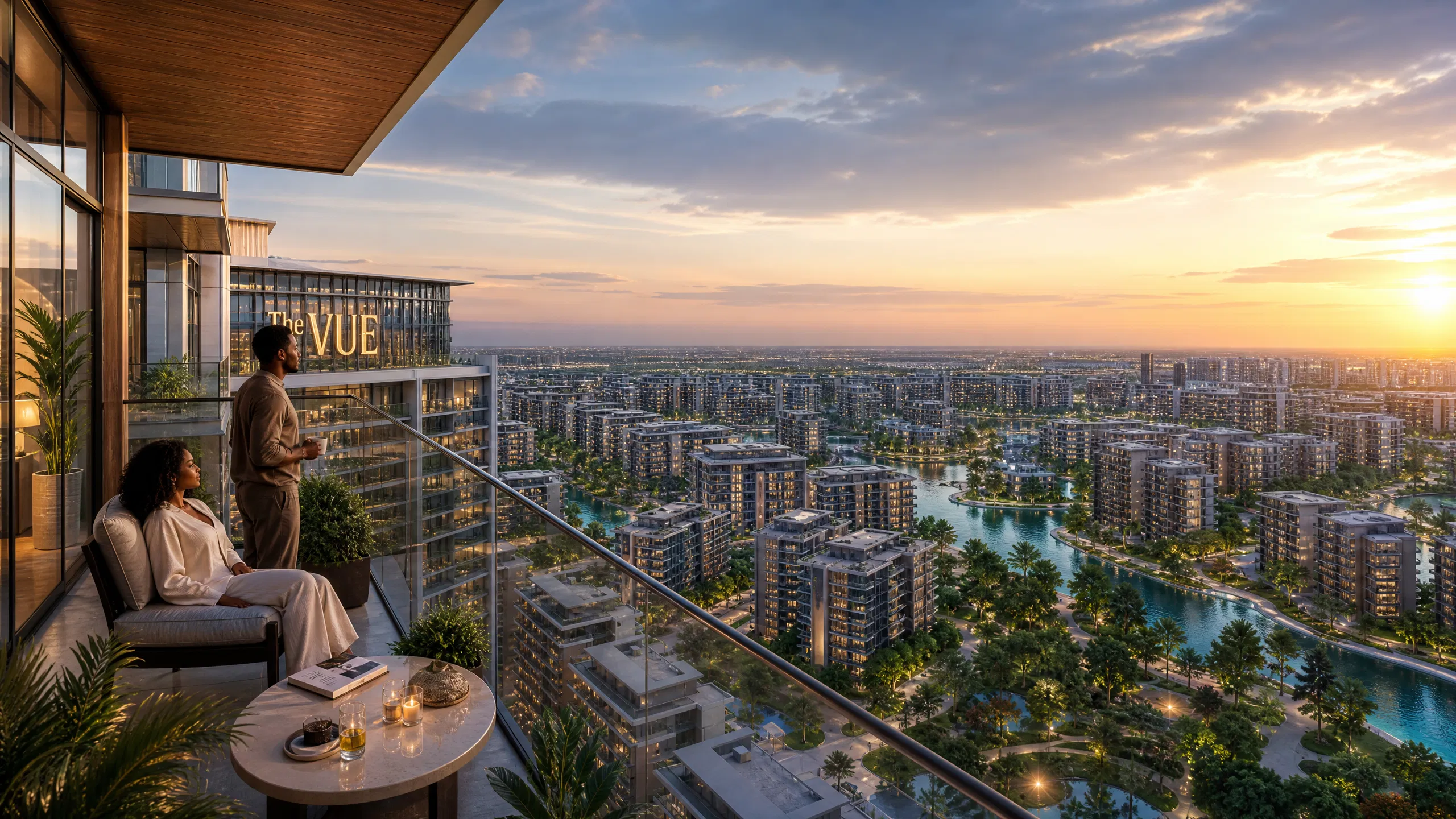 The VUE towers at dusk